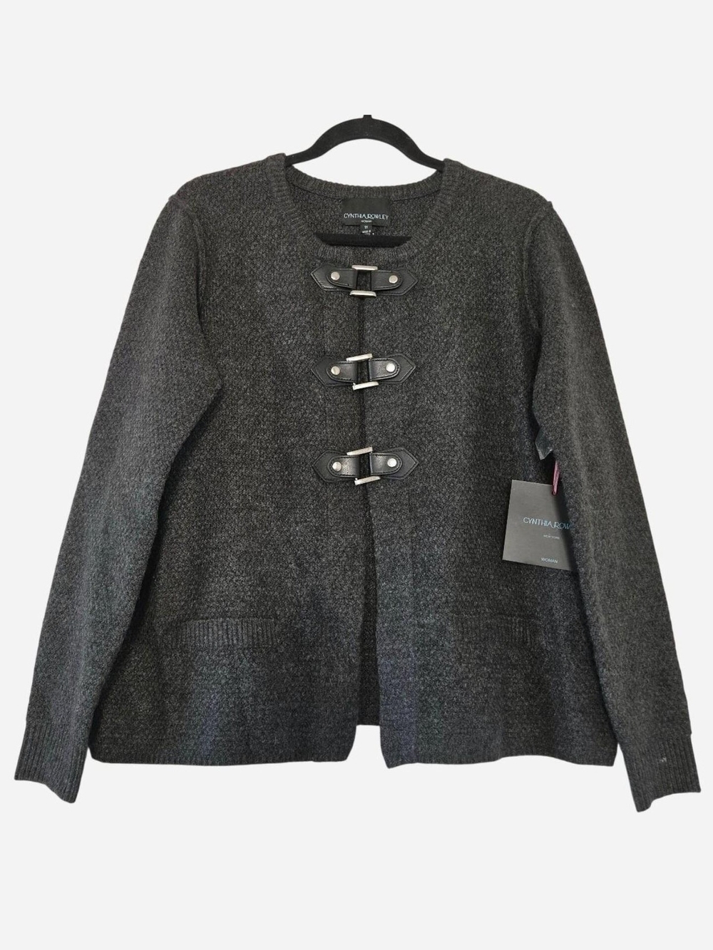 NWT cardigan sweater jacket front buckle closure leather charcoal grey 1X
